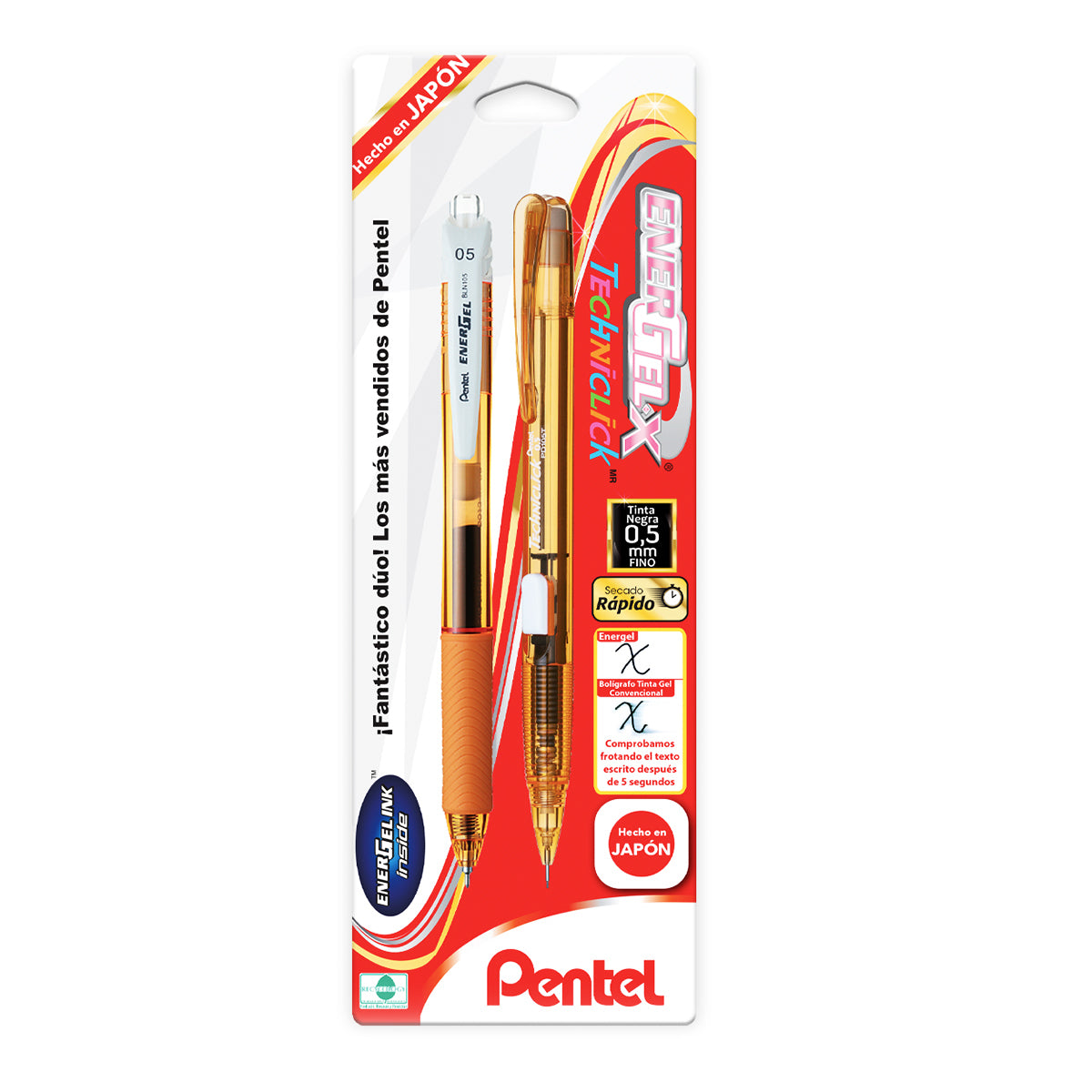 Pentel Bolígrafo EnerGel X+Lapicero Techniclick 0.5mm (Naranja)