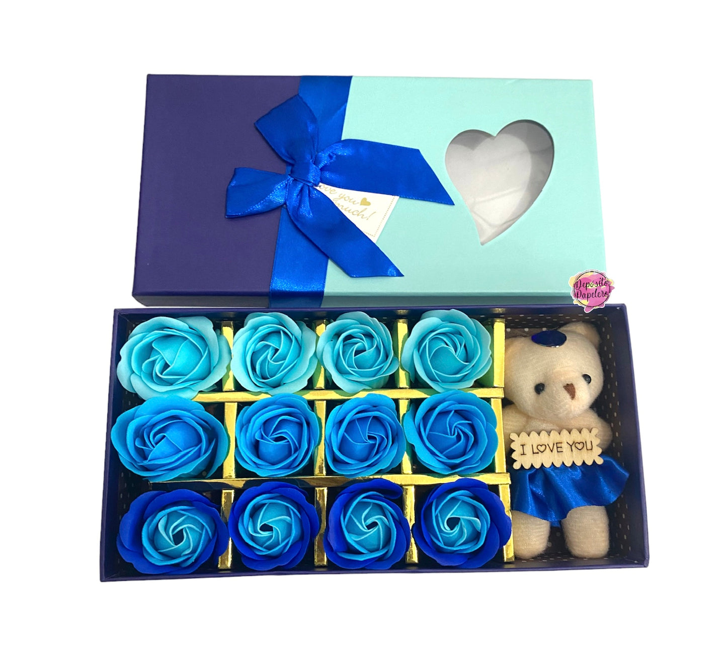 Set oso de peluche azul c/12 rosas de jabón