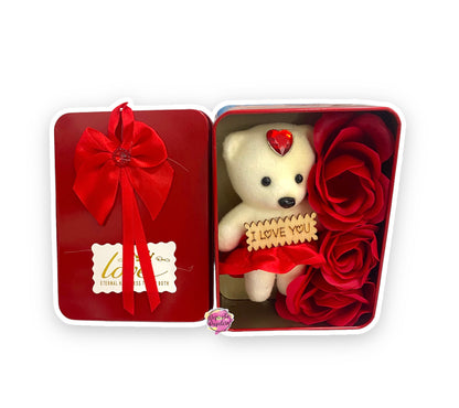 Set Oso de peluche caja metálica con 6 rosas de jabón