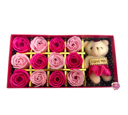 Set oso de peluche rosa c/12 rosas de jabón