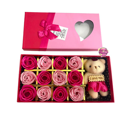 Set oso de peluche rosa c/12 rosas de jabón