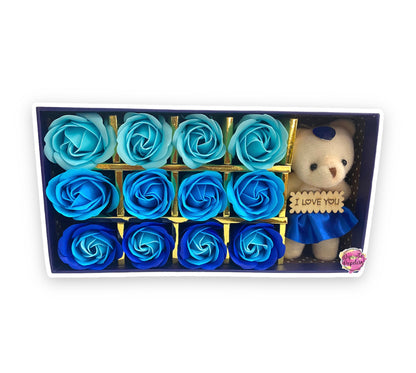 Set oso de peluche azul c/12 rosas de jabón