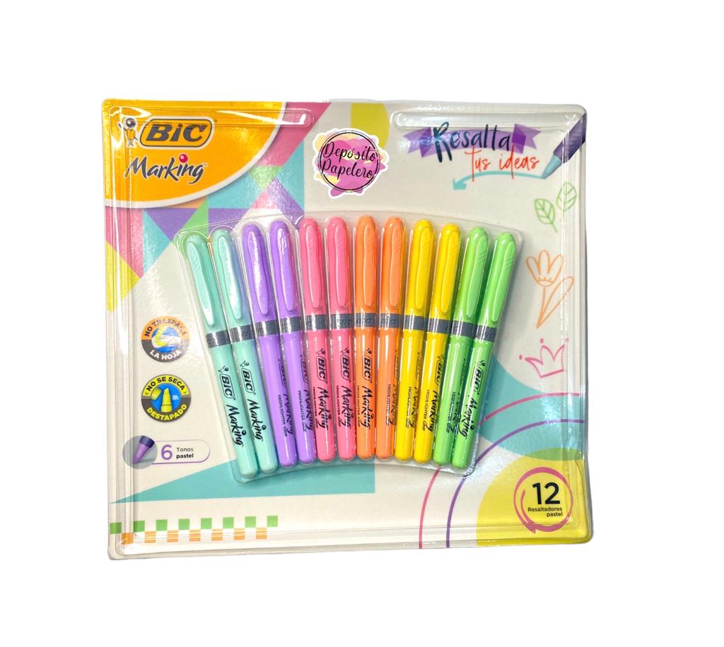 Resaltadores Bic Marking Tonos Pasteles (12 pzas)