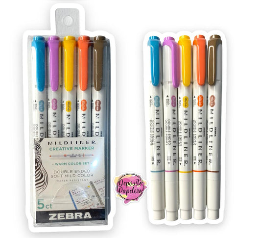 Marcadores Zebra Mildliner de Doble Punta Colors Cálidos (5 pzas)